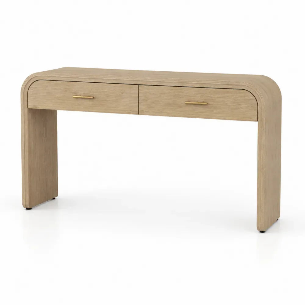 Konsolentisch mit 2 Schubladen 120 x 35 x 78 cm MDF-Platte rechteckig Eiche hell goldfarben
