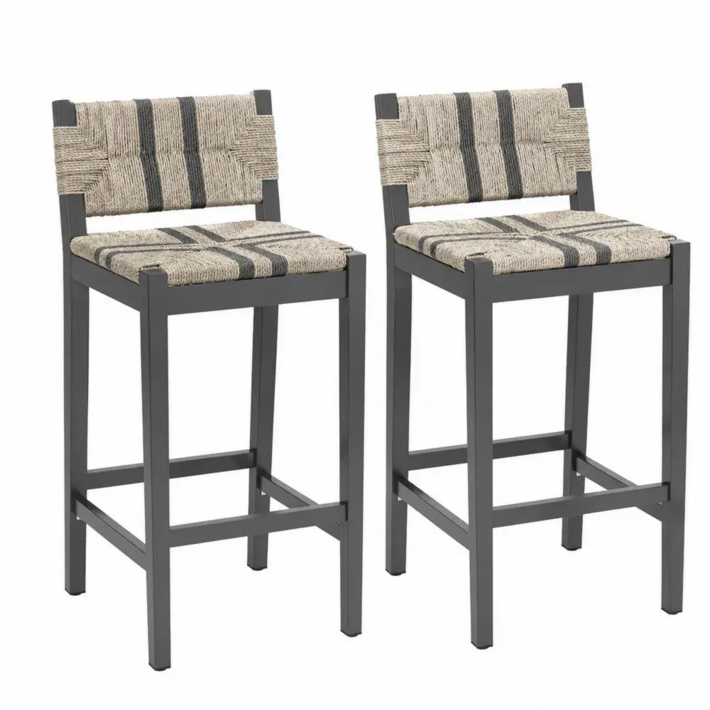Barhocker 2er Set mit Rückenlehne 45 x 50 x 103 cm massives Kautschukholz Papierkordel rechteckig dunkelgrau natur