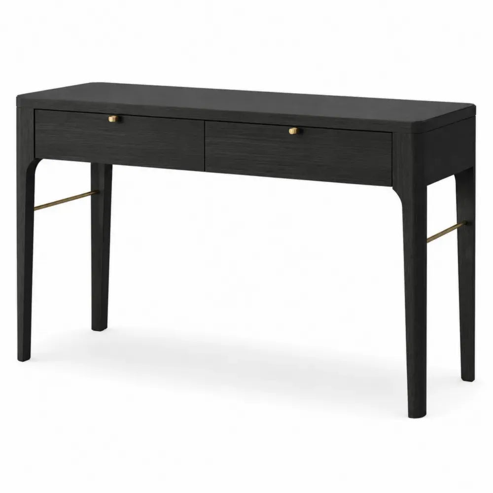 Konsolentisch mit 2 Schubladen 120 x 38 x 80 cm MDF Eschenfurnier Stahl rechteckig schwarz goldfarben