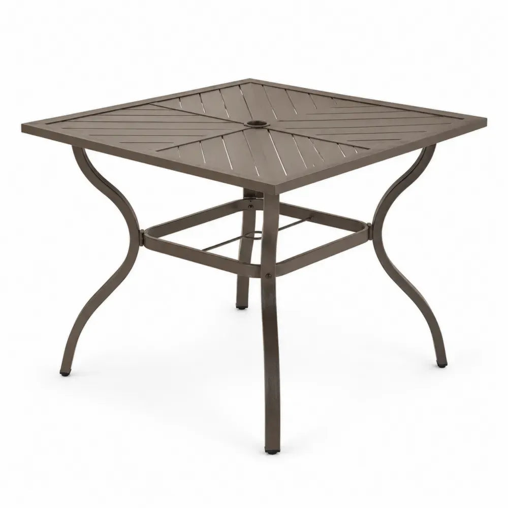 Quadratischer Gartentisch Esstisch mit Sonnenschirmloch pulverbeschichteter Stahl Bronzebraun Schwarz 90 x 90 x 72 cm