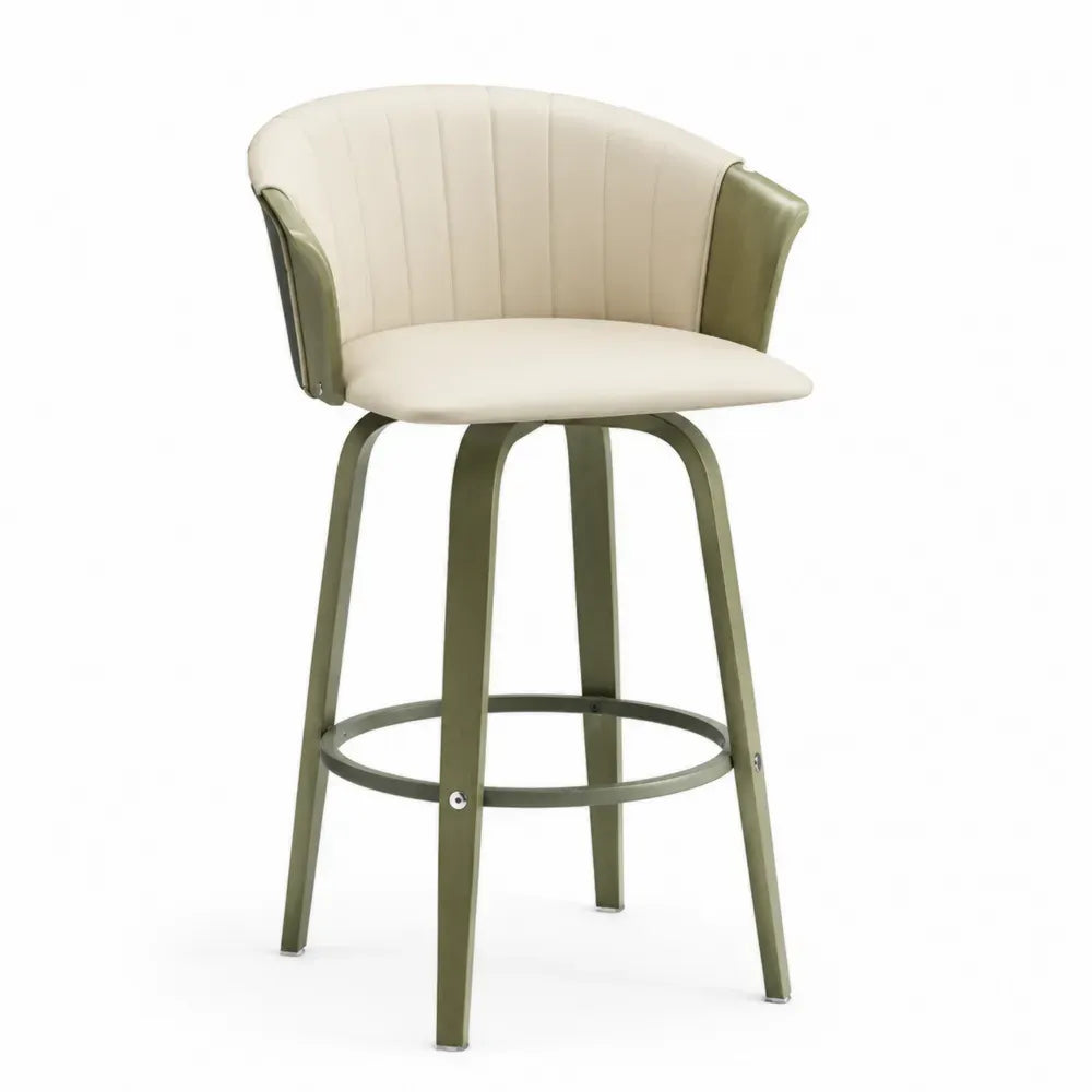 Barstuhl mit Rückenlehne Fußring 55 x 56 x 101 cm PU Kunstleder Stahl halbrund creme olivgrün