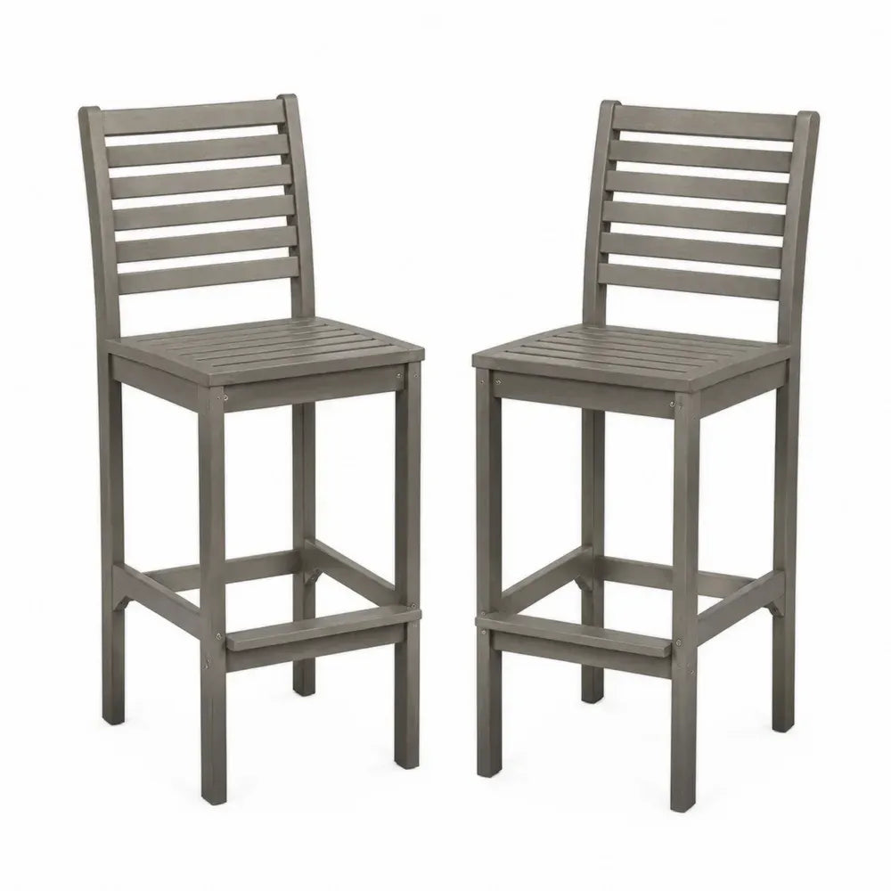 2er Set Barstühle mit Rückenlehne 45 x 51 x 110 cm massives Akazienholz Lattenstruktur graubraun