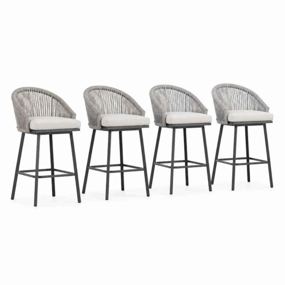 Barhocker 4er Set mit Armlehnen und Sitzkissen 55 x 56 x 101 cm PP Seilgeflecht Stahl rechteckig grau beige schwarz