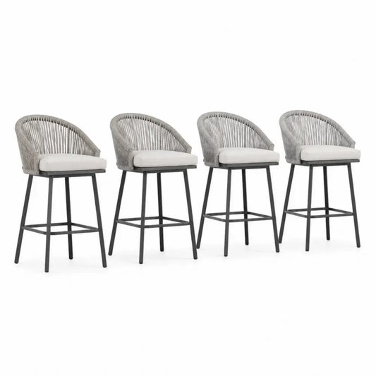 Barhocker 4er Set mit Armlehnen und Sitzkissen 55 x 56 x 101 cm PP Seilgeflecht Stahl rechteckig grau beige schwarz