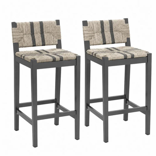 Barhocker 2er Set mit Rückenlehne 45 x 50 x 103 cm massives Kautschukholz Papierkordel rechteckig dunkelgrau natur