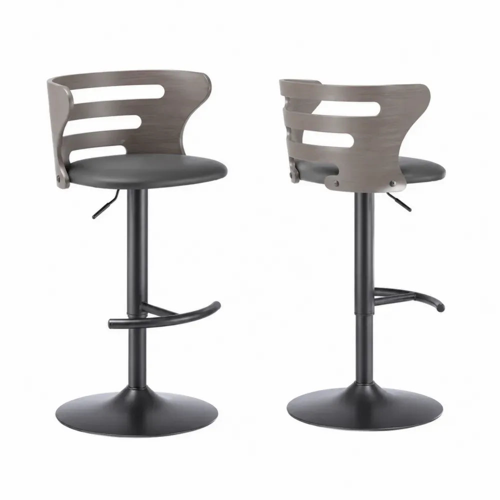 2er Set höhenverstellbare Barhocker mit Rückenlehne rundem Tellerfuß Sperrholz PU-Kunstleder Stahl Graubraun Schwarz 48 x 50 x 88-109 cm