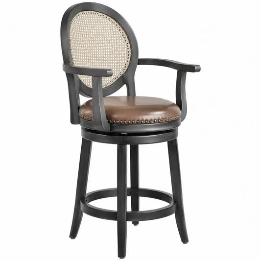 Barstuhl mit Armlehnen 56 x 58 x 112 cm PU Kunstleder Rattan Kautschukholz rund schwarz braun natur