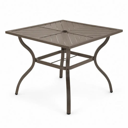 Quadratischer Gartentisch Esstisch mit Sonnenschirmloch pulverbeschichteter Stahl Bronzebraun Schwarz 90 x 90 x 72 cm