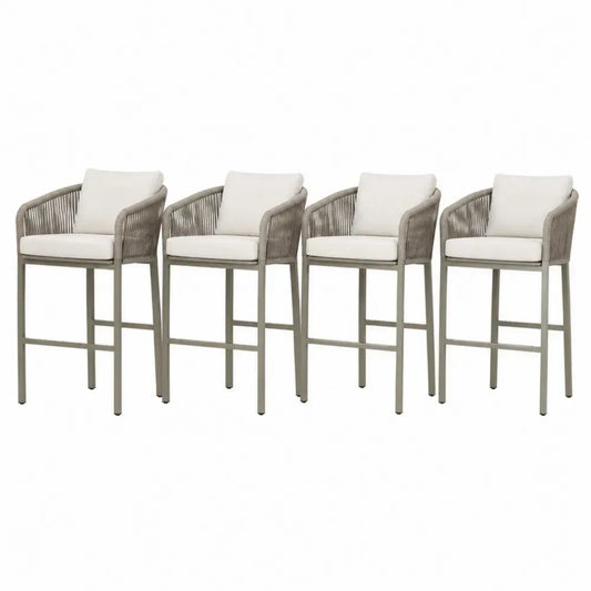 4er Set Barhocker mit Armlehnen PP-Seilgeflecht Polyesterkissen Aluminiumrahmen rechteckig Taupe Cremeweiß Graugrün 56 x 58 x 105 cm