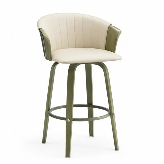 Barstuhl mit Rückenlehne Fußring 55 x 56 x 101 cm PU Kunstleder Stahl halbrund creme olivgrün